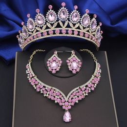 Pink Bridai Crown Jewellery Sets for Women 3 Pcs Tiaras With Necklace Earrings Set Wedding Brides Prom Costume Accessory 240506