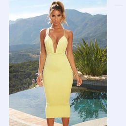 Casual Dresses European Sexy Spaghetti Strap Deep V-neck Lady Sheath Dress Back Cross Lace-up Design Summer Beach Style Bodycon