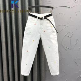 Women's Jeans Casual White Women 2024 Spring Autumn Fashion Embroidery High Waist Denim Harem Pants Pocket Loose Stretch Female