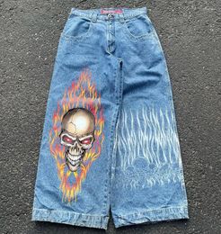 Men's Jeans Y2k Style Men Harajuku Retro Streetwear Skull Pattern Print Women Clothing Straight Cylinder Wide Legs Trousers