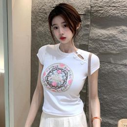 Women's T Shirts Cut Out Design Short Sleeved T-shirt Summer Embroidery Slim Fit Shoulder Round Neck Cotton Top