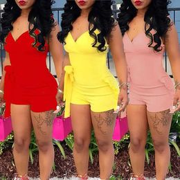 Women's Jumpsuits Rompers Ruffle Deep V Neck Summer Romper Sexy Bow Tie Short Jumpsuit Women Sleeveless Casual Playsuit Overalls Rompers Y240521 Y240521