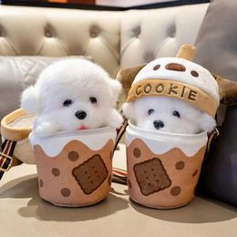 Plush Dolls 25cm Cute Dog Doll Milk Tea Cup One Shoulder Baby Doll Cross Plush Toy Girl Personalised and Beautiful Birthday Gift H240521