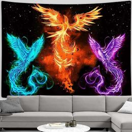 Tapestries Trippy Anime Tapestry Wall Hanging Colourful Burning Phoenix For Bedroom Hippie Stars Aesthetic