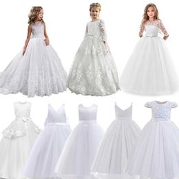 Christening dresses White lace childrens flower girl dress with thin gauze stickers princess floor length wedding party baptism first communion Q240521