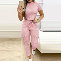 Women's Two Piece Pants Women Summer Sets Outfits Cotton Sweatpants Chic Suits Slim Crop Tops Double Pockets Cropped Breathable Drawstring