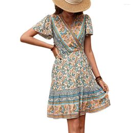 Casual Dresses Ladies Dress V-neck Bohemian Style Petal Sleeve Breathable Elegant Daily Wear Soft Vintage Print Mini Beachwear