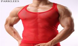 Red See Through Mesh Tank Top Men Sexy Sleeveless Mesh Sheer Undershirt Transparent Perspective Fishnet Bodybuilding Tees 2103083333655