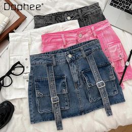 Skirts Retro Girl High Waist Double Pocket Workwear Denim Skirt 2024 Casual Versatile Slimming Anti-Emptied Short Hip