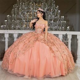Mexico Pink Off The Shoulder Ball Gown Quinceanera Dresses For Girls Sparkly Beaded Party Gowns 3D Flowers Sweet 16 Robe De Bal