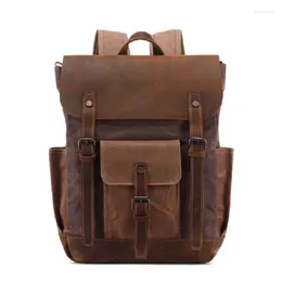 Backpack M309 Oil Wax Canvas Cow Leather Backpacks Unisex Waterproof Rucksacks 15" Laptops Daypacks Large Capacity Vintage Mochilas