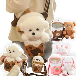 Plush Dolls 25cm Creative Bichon Dog Toy Set in Boba Cup Bag Tea Cup Bear Rabbit Cross Body Bag Filling Animal Milk Tea Beverage Gift Home Decoration H240521