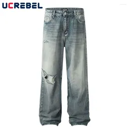 Men's Jeans Ripped Denim Pants Mens Washed Distressed High Street Loose Straight Wide Leg Trousers Men