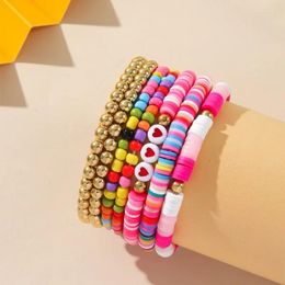 Link Bracelets Colourful Polymer Clay Heart Pendant Handmade Beaded Bracelet For Women Girl 7Pcs/Set Bohemia Beach Elastic Set Jewellery