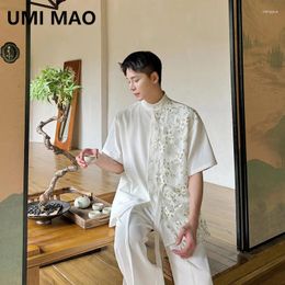 Men's Casual Shirts UMI MAO Personalised Spliced Stand Up Neck Short Sleeved Shirt Summer Retro Trendy Half Top Femme Y2K