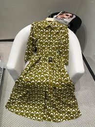 Casual Dresses 2024 Women's Fashion Seven-quarter Sleeve Lapel Belt Yellow Round Geometric Print Pleated Dress 0425