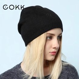 COKK Hats for Women Winter Wool Beanie Hat Female Knitted Autumn Skullies Hat Ladies Warm Bonnet Cap Korean Black Gorro 240522