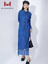 Work Dresses Denim Two Piece Set Ladies Lapel Long Sleeve Single Button Tops Coat High Waist Tassel Mid-Length Skirts Women Fashion