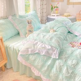 Kawaii Princess Seersucker Bedding Set Luxury Solid Colour Duvet Cover Bed Sheet Pillowcase Single Double Size For Girl Decor 240522