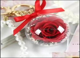 Decorative Flowers Wreaths Eternal Flower Keychain Clear Acrylic Ball Transparent Sphere 5Cm Rose Key Ring Valentines Gift Wedding3828540