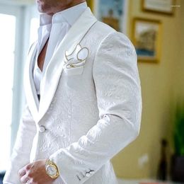 Men's Suits White Jacquard Fabric Shawl Lapel One Button Men Slim Fit Elegant Groom Outfits Set High Quality 2 Piece Jacket Pants 2024