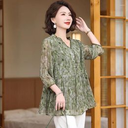 Women's Blouses Spring Summer Spliced Shirt Stylish Ruffles Elegant V-Neck Female Clothing Printed Chiffon Loose Half Sleeve Blouse