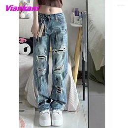Women's Jeans Korean High Street Ripped For Women Autumn Streetwear Loose Straight Trousers Y2K Fashion Waisted Casual