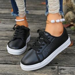 Casual Shoes PU Autumn Women's Vulcanized Sneakers Round Head For Women 2024 Lace Up Low-heeled Solid