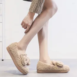 Casual Shoes Cotton Moccasins Lamb Furry Bow-knot Round Toe Loafers Slip On Solid Warm Women Wool Fur Comfy Platform Flats Espadrilles