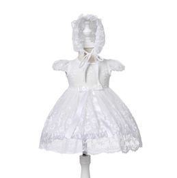 Christening dresses Baby Girl Lace Immersion Dress Retro Beibei Short sleeved Birthday Embroidered Dress Mesh Christmas Dress+Newborn Hat 0 12M Q240521