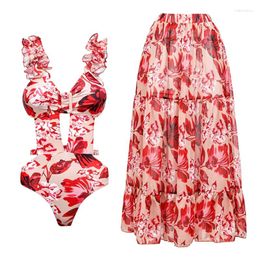 Women's Swimwear Women Cutout One Piece Ruffle Swimsuit Cover Up V-Neck Backless Beach Wear Summer Fashion Print Sling Micro Bikini