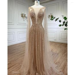Party Dresses Wasisi Arabic Gold A Line Cape Sleeves Beaded Luxury Dubai Long Evening Gowns 2024 For Women Wedding FLA71941
