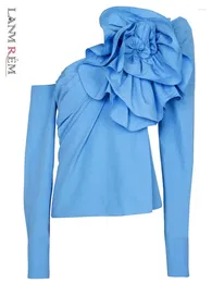 Women's Blouses LANMREM Blue Flower Blouse For Women Long Sleeves Off Shoulder Irregular Designer Top 2024 Summer Fashion Clothes YX0390