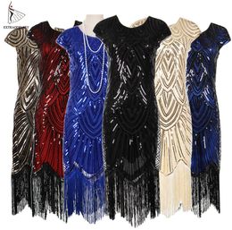 Womens 1920s Vintage Flapper Great Gatsby Party Dress Vneck Sleeve Sequin Fringe Midi Dresses Accessories Art Deco Embellished J18189337