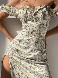 Casual Dresses Summer Floral Off Shoulder Puff Sleeve Maxi Dress For Woman Robe Sexy Lace Up Side Split Chic Mid-Calf Aesthetic