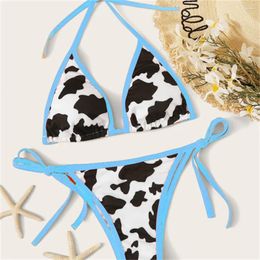 Women's Swimwear Cow Print Bikini Bordered Halter Lace Up Sexy Strappy Swimsuit Two Piece Beach Outfit Bathing Suit Bikinis Sets