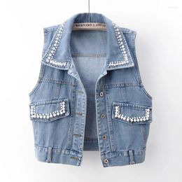 Women's Vests Vintage Blue Pearl Denim Vest Women Slim Short Waistcoat Big Pocket Cowboy Sleeveless Jacket Autumn Korean Jeans Female