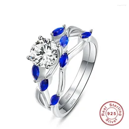 Cluster Rings JQUEEN Women Jewellery 2pcs Round White CZ Crystal Stone Inlaid Blue Horse Eye Ring Set S925 Sliver Wedding Band