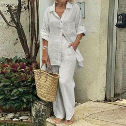 Women's Two Piece Pants Women Casual Linen Suits Solid Color Turndown Roll Up Sleeves Button Single Pocket Shirt Blouse High Waisted Wide