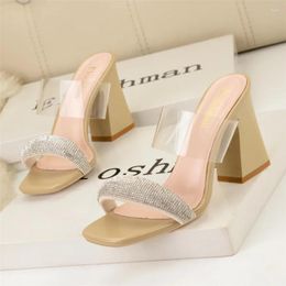 Slippers High Heels Women Sexy Transparent Band Female Sandals 2024 Summer Square Toe Crystal Platform Thick Heel Banquet Shoes