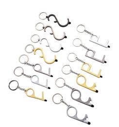 13 styles Metal Safety Touchless Press Elevator Tool Whole Key Hook Hands Door Handle Opener Tool Key Chain Keyring8314795
