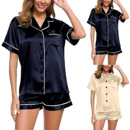 Women's Sleepwear Silk Satin Pyjamas Set Button Down Top & Shorts 2 Pieces Notched Collar Nightwear Loungewear For Summer