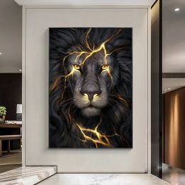 Canvas Painting Wall Art Posters Black and Golden Light Lion Canvas Painting Modern Animal Pictures for Living Room Home Decoration No Frame