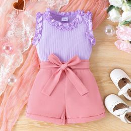 Clothing Sets 0-4Y Little Girls Summer Shorts Ruffle Sleeveless Vest Lace Tops Belted Short Pants Outfits Kids Fashion Clothes Streetwear