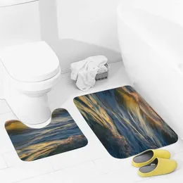 Bath Mats Bathroom Rugs Sets 2 Piece Dawn Ocean Waves Absorbent U-Shaped Contour Toilet Rug