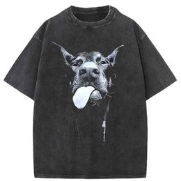 Men's T-Shirts Mens Gothic Letter Dog Print T-shirt Hip Hop Street Clothing Punk Summer Vintage Wash Extra Large T-shirt Top Mens Clothing Q240521