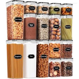 Storage Bottles Airtight Food Container Set 16 Pcs Plastic Dry Canisters For Kitchen Pantry Organization And (Black)