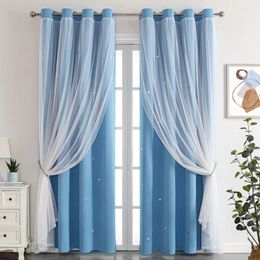 2Pcs Hollow Star Double Layer Curtains One-sided Light Mesh Window Curtain Shade Cloth Home Sitting Room Bedroom Decoration 240520