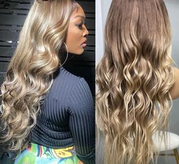 Ash Blonde Highlight Brazilian Hair Wigs Ombre Brown Transparent HD Lace Frontal Wigs Body Wave Human Hair Wigs WIth Dark Roots 150% Diva1