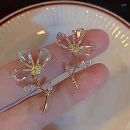 Stud Earrings Gold Plated CZ Stone Flower Korean Fashion Women Clear Crystal Post Jewellery